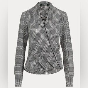LAUREN Ralph Lauren Plaid Faux Wrap Surplice Blouse Glen Plaid Houndstooth PS